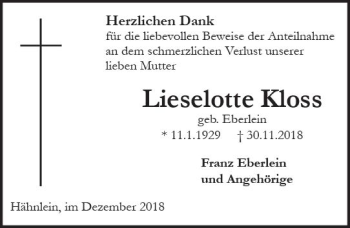 Traueranzeige von Lieselotte Kloss von vrm-trauer