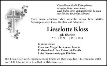 Traueranzeige von Lieselotte Kloss von vrm-trauer