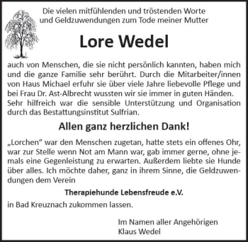 Traueranzeige von Lore Wedel von vrm-trauer