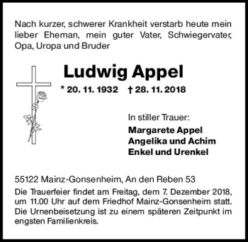 Traueranzeige von Ludwig Appel von vrm-trauer