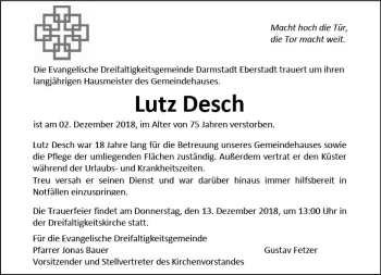 Traueranzeige von Lutz Desch von vrm-trauer