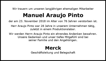 Traueranzeige von Manuel Araujo Pinto von vrm-trauer