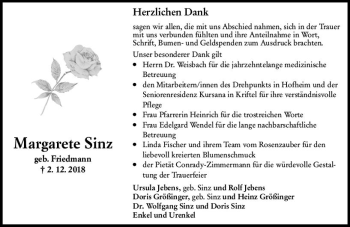 Traueranzeige von Margarete Sinz von vrm-trauer