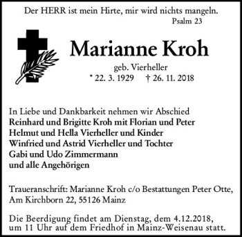 Traueranzeige von Marianne Kroh von vrm-trauer
