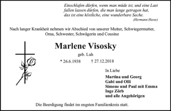 Traueranzeige von Marlene Visosky von  Gießener Anzeiger