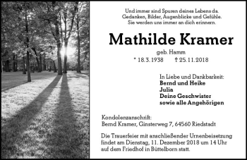 Traueranzeige von Mathilde Kramer von vrm-trauer