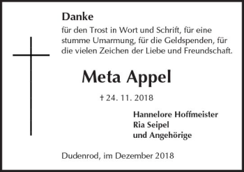 Traueranzeige von Meta Appe von  Kreisanzeiger
