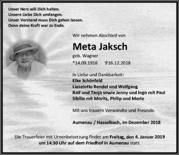 Traueranzeige von Meta Jaksch von  WT - Weilburger Tageblatt ()