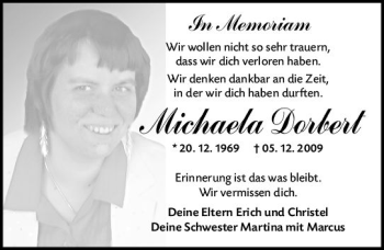 Traueranzeige von Michaela Dorbert von vrm-trauer