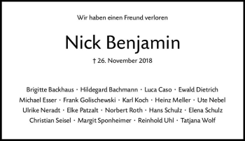 Traueranzeige von Nick Benjamin von vrm-trauer