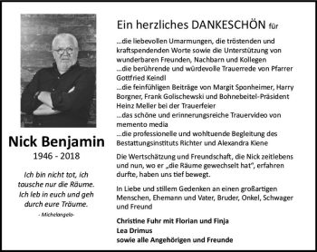Traueranzeige von Nick Benjamin von vrm-trauer