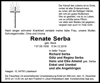 Traueranzeige von Renate Serba von vrm-trauer
