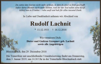 Traueranzeige von Rudolf Lachnit von  Kreisanzeiger