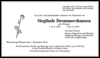 Traueranzeige von Sieglinde Drommershausen von  Gießener Anzeiger
