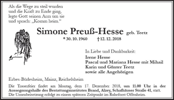 Traueranzeige von Simone Preuß-Hesse von vrm-trauer
