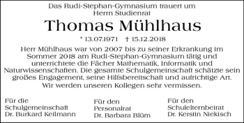 Traueranzeige von Thomas Mühlhaus von vrm-trauer