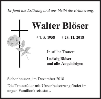 Traueranzeige von Walter Blöser von  Kreisanzeiger
