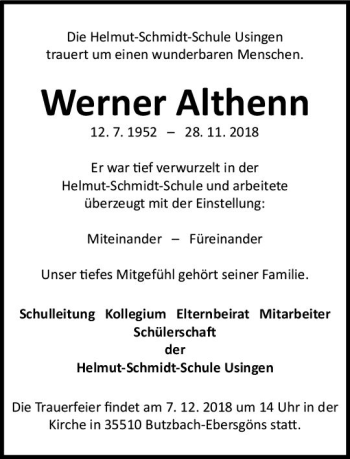 Traueranzeige von Werner Althenn von  Usinger Anzeiger