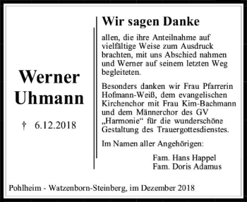 Traueranzeige von Werner Uhmann von  Gießener Anzeiger