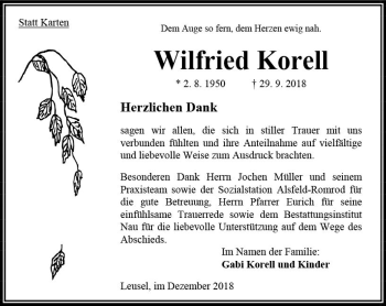 Traueranzeige von Wilfried Korell von VRM Trauer