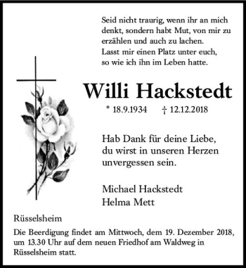Traueranzeige von Willi Hackstedt von vrm-trauer