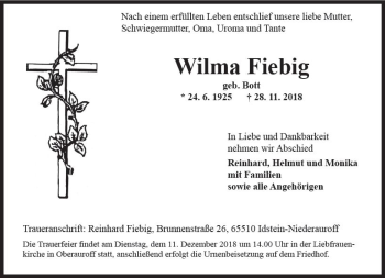 Traueranzeige von Wilma Fiebig von vrm-trauer
