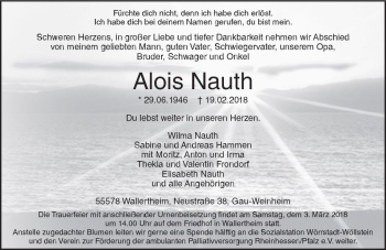 Traueranzeige von Alois Nauth von Trauerportal Rhein Main Presse