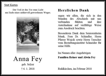 Traueranzeige von Anna Fey von VRM Trauer