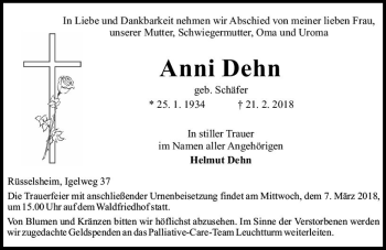 Traueranzeige von Anni Dehn von Trauerportal Rhein Main Presse