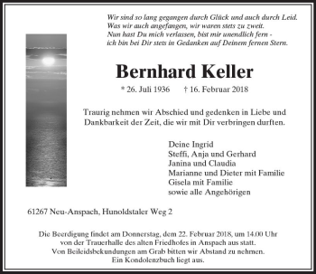 Traueranzeige von Bernhard Keller von  Usinger Anzeiger Traueranzeige von Bernhard Keller von  Usinger Anzeiger