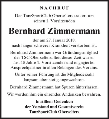 Traueranzeige von Bernhard Zimmermann von  Camberger Anzeiger