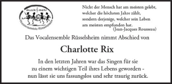 Traueranzeige von Charlotte Rix von Trauerportal Rhein Main Presse