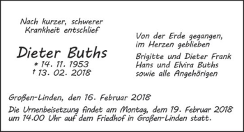 Traueranzeige von Dieter Buths von  Gießener Anzeiger