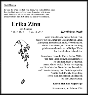 Traueranzeige von Erika Zinn von VRM Trauer