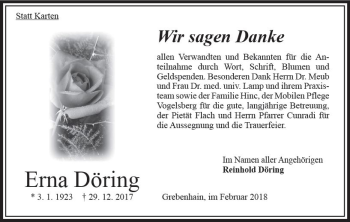 Traueranzeige von Erna Döring von VRM Trauer
