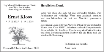 Traueranzeige von Ernst Kloos von  Gießener Anzeiger