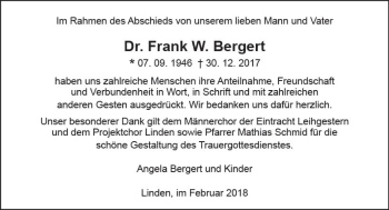 Traueranzeige von Frank W. Bergert von  Gießener Anzeiger