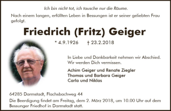 Traueranzeige von Friedrich Geiger von Trauerportal Rhein Main Presse