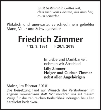 Traueranzeige von Friedrich Zimmer von Trauerportal Rhein Main Presse