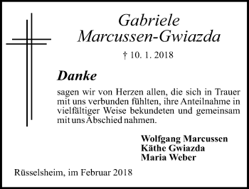 Traueranzeige von Gabriele Marcussen-Gwiazda von Trauerportal Rhein Main Presse