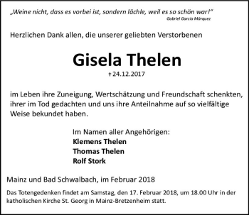 Traueranzeige von Gisela Thelen von Trauerportal Rhein Main Presse