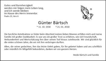 Traueranzeige von Günter Bärtsch von  Gießener Anzeiger