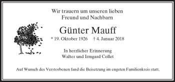 Traueranzeige von Günter Mauff von  Usinger Anzeiger