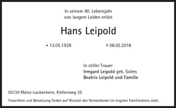 Traueranzeige von Hans Leipold von Trauerportal Rhein Main Presse