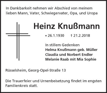 Traueranzeige von Heinz Knußmann von Trauerportal Rhein Main Presse