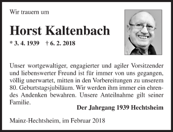 Traueranzeige von Horst Kaltenbach von Trauerportal Rhein Main Presse