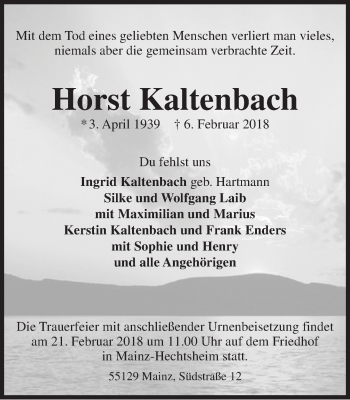 Traueranzeige von Horst Kaltenbach von Trauerportal Rhein Main Presse