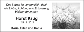 Traueranzeige von Horst Krug von Trauerportal Rhein Main Presse