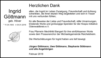 Traueranzeige von Ingrid Göttmann von Trauerportal Rhein Main Presse