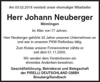 Traueranzeige von Johann Neuberger von Trauerportal Rhein Main Presse